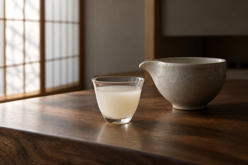 A glass of cloudy nigori sake beside a ceramic pouring vessel in soft window light