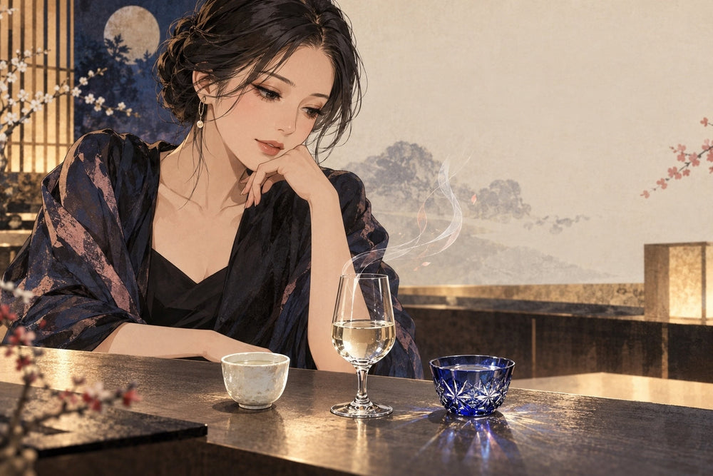 Illustrated adult considering a ceramic ochoko, a wine glass, and a blue cut-glass sake cup at a tasting counter.