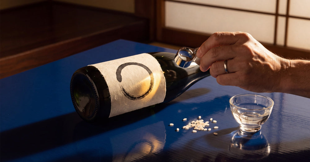 A hand examines the washi label of a dark green sake bottle with a loupe on a cobalt-blue table