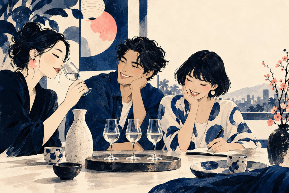 Illustration of three friends at a home sake tasting, with three small pours, one guest smelling a glass, and another taking notes.