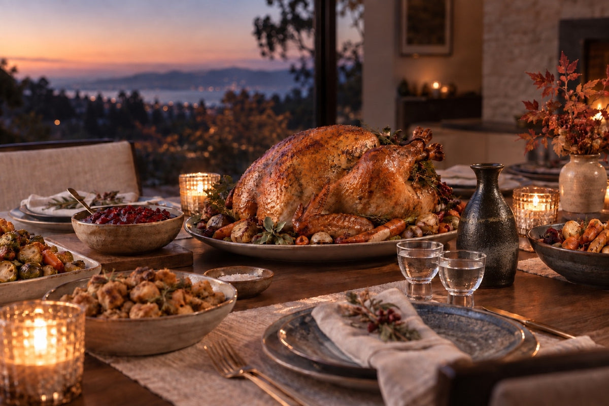 Thanksgiving table with roast turkey, sake glasses and a chilled ceramic sake carafe at sunset
