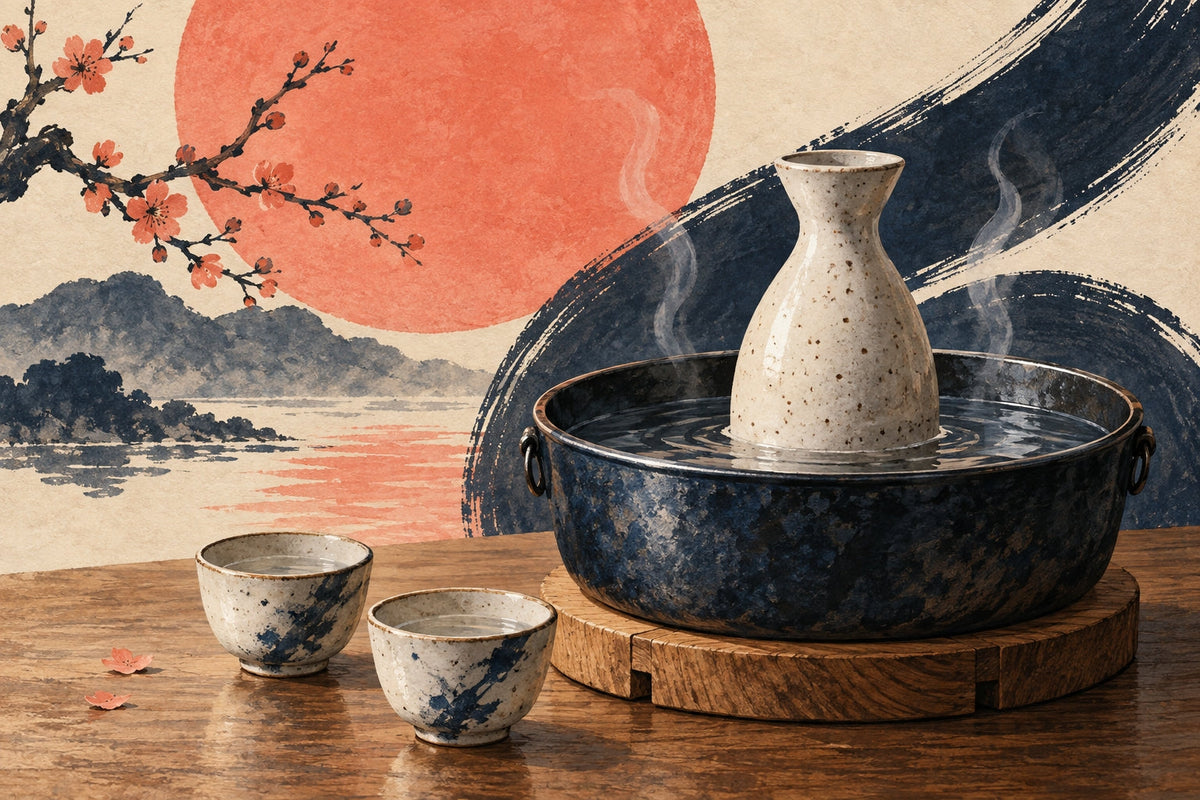 Illustrated ceramic sake carafe warming in a water bath, with indigo brushwork and a coral sun.