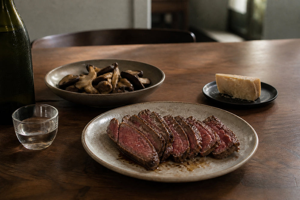 Sliced steak, roasted mushrooms, aged cheese, and chilled sake on a dinner table.