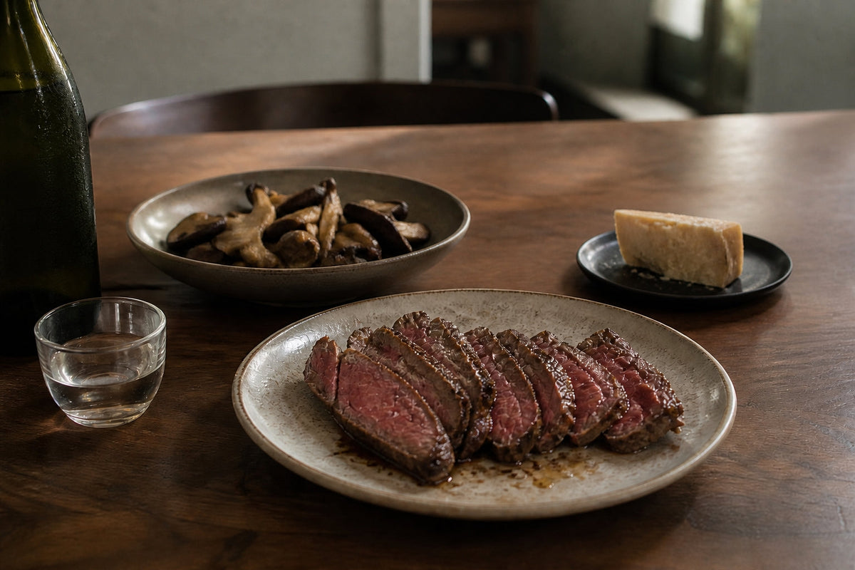 Sliced steak, roasted mushrooms, aged cheese, and chilled sake on a dinner table.