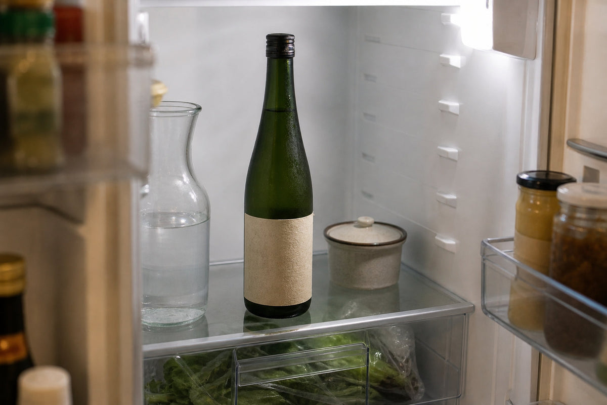 A premium sake bottle stored upright inside a residential refrigerator.