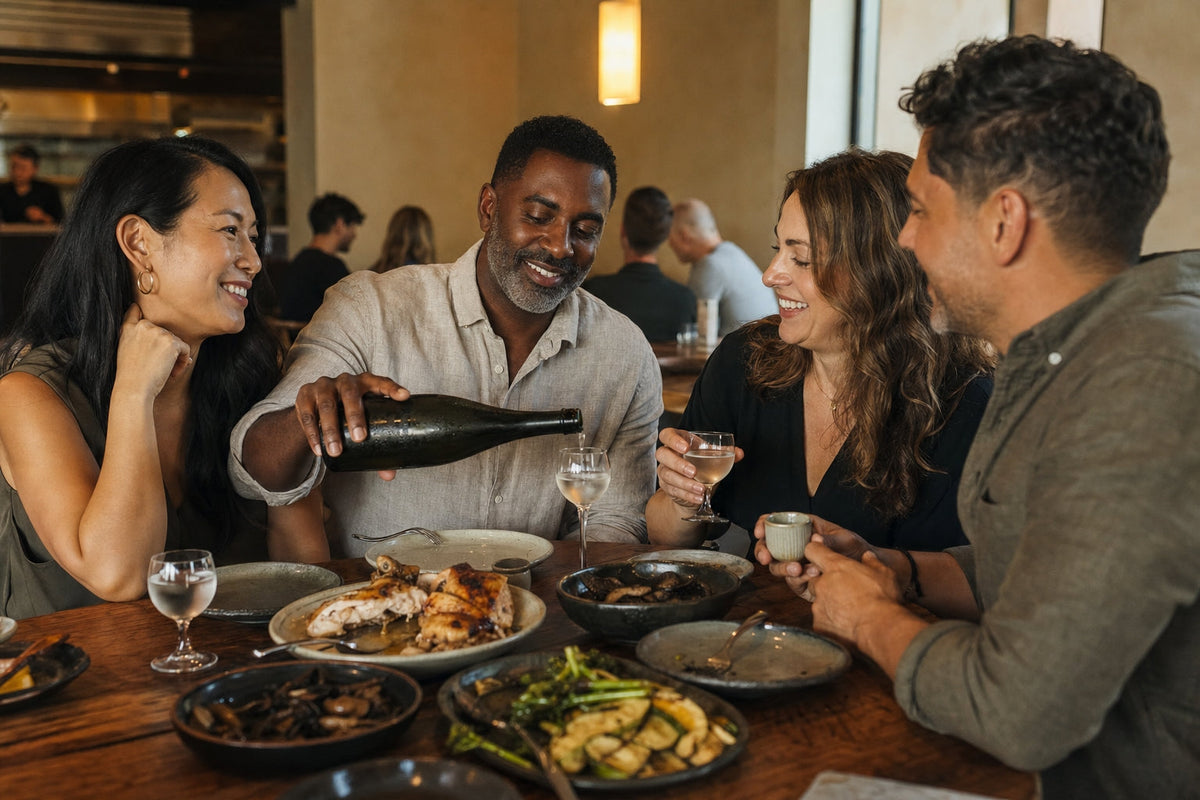 Friends share chilled Japanese sake with a contemporary California dinner.