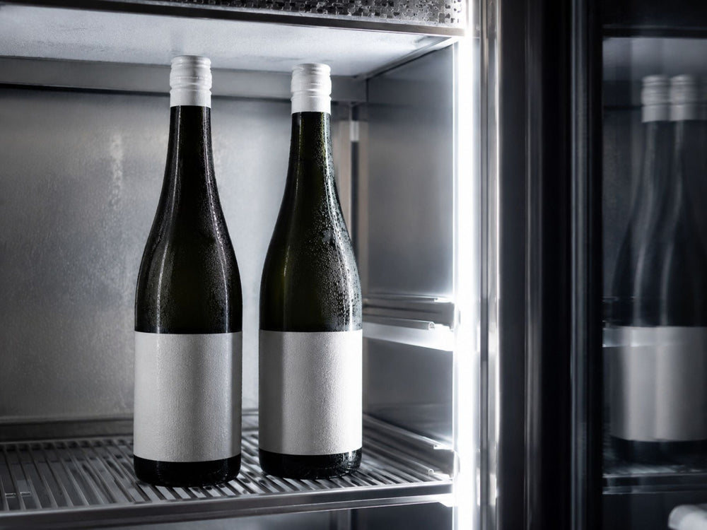 Two premium Japanese sake bottles stored upright in a refrigerator