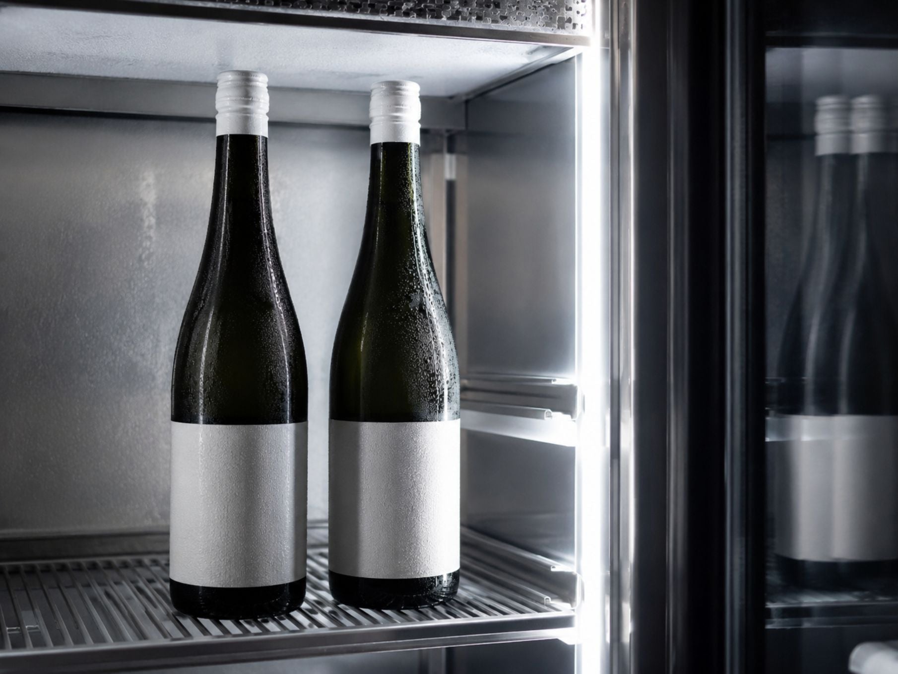 Two premium Japanese sake bottles stored upright in a refrigerator