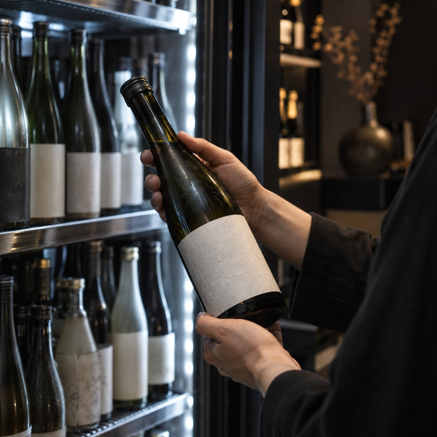 Selecting a Japanese sake bottle from refrigerated storage at SAKEZEN.