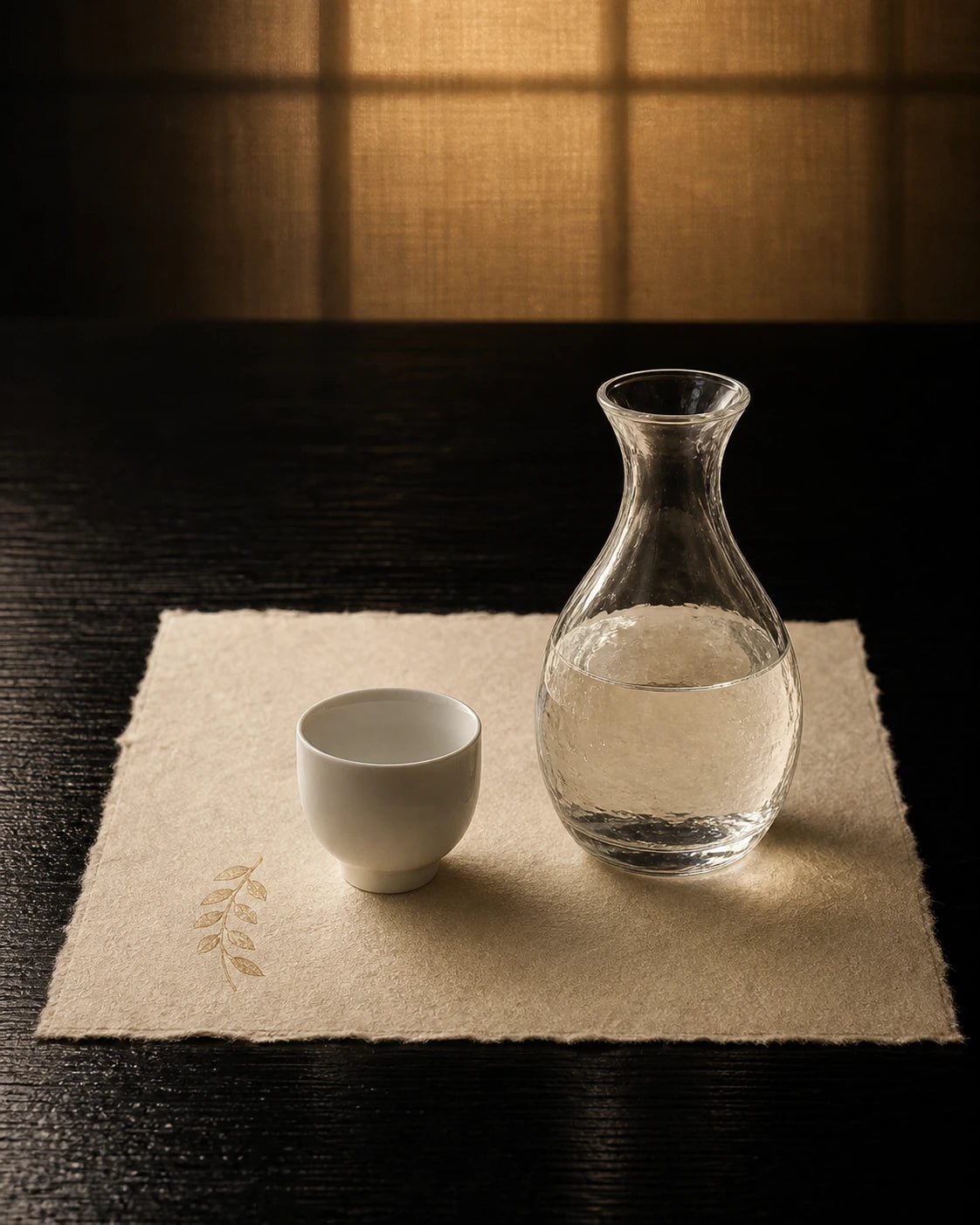A clear glass tokkuri and white porcelain ochoko on ivory washi, a welcoming introduction to Japanese sake