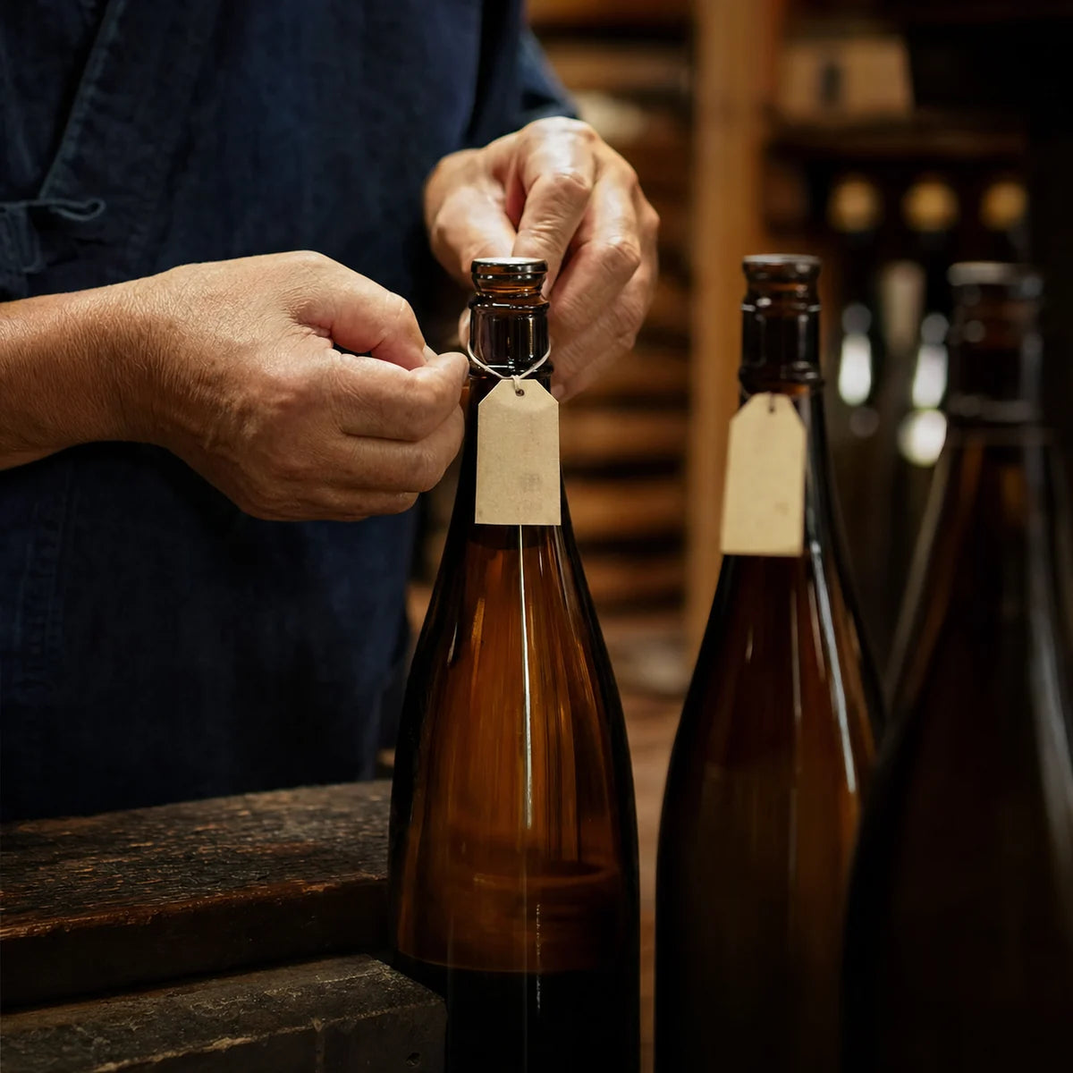 Sake brewer tying a batch designation tag to an amber bottle