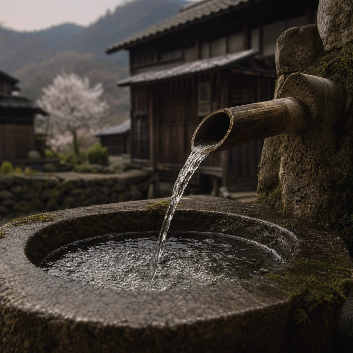Clear spring water flowing from a bamboo spout at a rural Japanese sake brewery