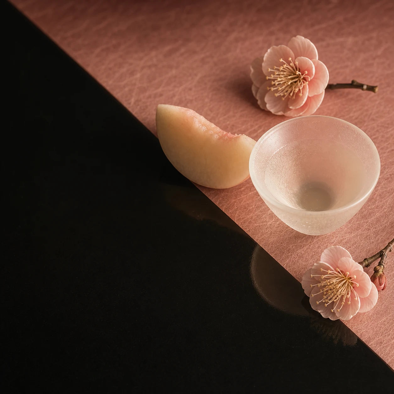 A frosted sake cup with white peach and ume blossoms on blush washi